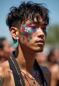 a man with  bold face and body art, capturing the artistic and expressive side of the music festival experience