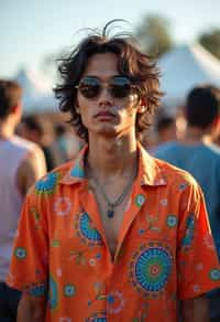 a stunning man in  a vibrant button-up shirt and funky sunglasses, capturing their eclectic and fashionable festival look