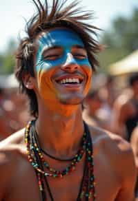 a man enjoying a live performance on a sunny day, with  a bold face paint design, radiating the joy and excitement of the festival