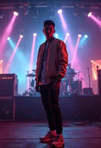 a man in  a cool bomber jacket and sneakers, striking a pose in front of a stage backdrop, capturing the excitement of a music festival