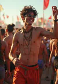 a man in a festival-inspired outfit, dancing with  a crowd of fellow festival-goers, capturing the energetic and lively atmosphere