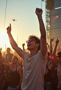 a man enjoying the live music on a sunny day, surrounded by  energetic fans and raising their hands in excitement