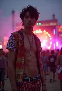 an incredibly attractive man in a festival outfit, embracing the festival vibes and posing against a backdrop of colorful stage lights and decorations