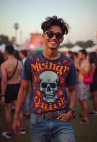 a stunning man as a festival-goer, dancing and enjoying the music in a vibrant crowd, wearing  a colorful graphic t-shirt and denim shorts