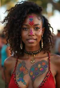 a woman with colorful temporary tattoos and henna art , adding an element of tribal and cultural inspiration to their festival look