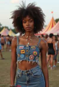 a woman in a crop top and denim skirt with festival patches , embodying the DIY and personalization culture of music festivals