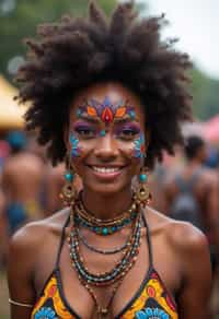 a woman with colorful festival makeup , standing out in the crowd and embracing the festival's vibrant atmosphere