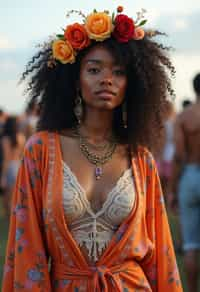 a stunning woman in a flowy kimono and flower crown , embodying the fusion of bohemian and rock n roll styles at the festival