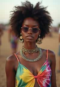 a stunning woman in a tie-dye jumpsuit and statement accessories , capturing their eclectic and fashionable festival look