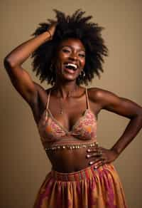 a woman in a flowy bohemian skirt and crop top , capturing their infectious energy and enthusiasm for the music