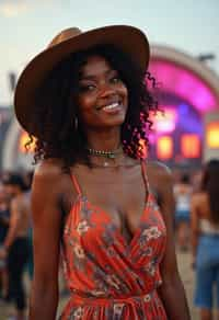 a woman in a bohemian jumpsuit and a wide-brimmed hat , striking a pose in front of a stage backdrop, capturing the excitement of a music festival