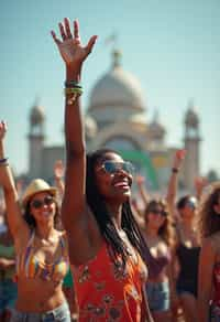 a woman enjoying the live music on a sunny day, surrounded by colorful festival-goers  and raising their hands in excitement