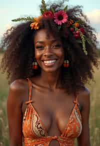 a stunning woman with flowing curly hair and flower accessories , capturing the essence of festival fashion and individuality