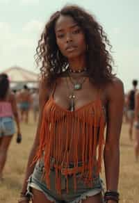 a woman in a fringed crop top and high-waisted shorts , embodying the free-spirited and carefree nature of a music festival