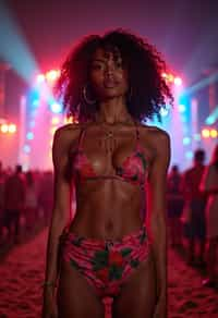 an incredibly attractive woman in a festival outfit, embracing the festival vibes and posing against a backdrop of colorful stage lights and decorations