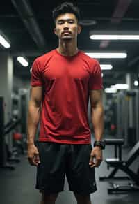 masculine  man in the gym wearing t-shirt and gym shorts