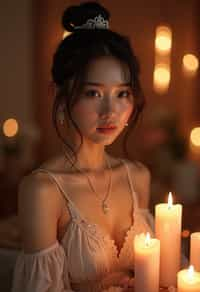 woman in a serene indoor space, surrounded by candles, crystals, and sacred symbols