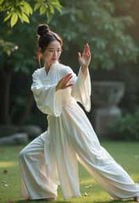 woman practicing Tai Chi in a serene garden