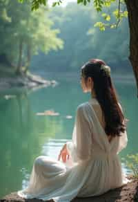 woman in deep contemplation, sitting by a tranquil lake