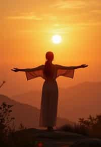 a spiritual seeker woman standing with outstretched armsat sunrise