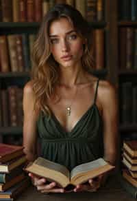 woman surrounded by books or sacred texts