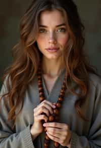 woman holding prayer beads or a sacred object,