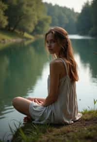 woman in deep contemplation, sitting by a tranquil lake