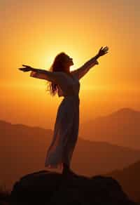 a spiritual seeker woman standing with outstretched armsat sunrise