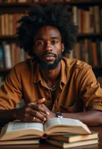 man surrounded by books or sacred texts