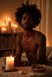 man in a serene indoor space, surrounded by candles, crystals, and sacred symbols