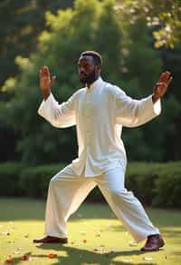 man practicing Tai Chi in a serene garden