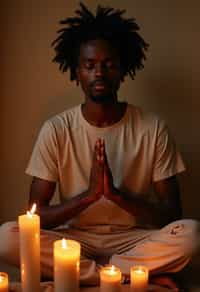 man practicing mindfulness surrounded by candles or incense