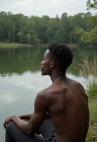 man in deep contemplation, sitting by a tranquil lake