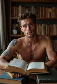 man surrounded by books or sacred texts