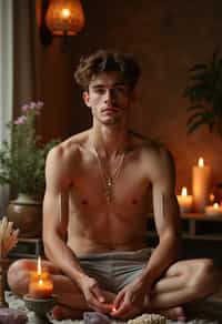 man in a serene indoor space, surrounded by candles, crystals, and sacred symbols