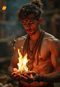 man engaged in a sacred ritual or ceremony, adorned with symbolic attire