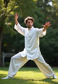 man practicing Tai Chi in a serene garden