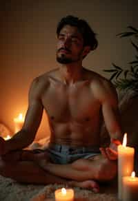 man practicing mindfulness surrounded by candles or incense