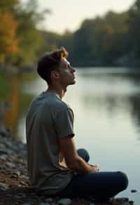 man in deep contemplation, sitting by a tranquil lake