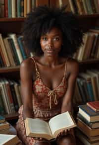 woman surrounded by books or sacred texts