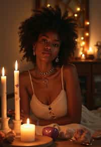 woman in a serene indoor space, surrounded by candles, crystals, and sacred symbols