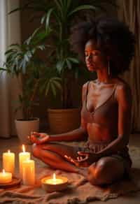 woman practicing mindfulness surrounded by candles or incense