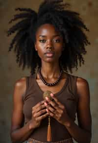 woman holding prayer beads or a sacred object,