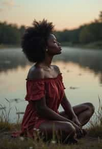 woman in deep contemplation, sitting by a tranquil lake