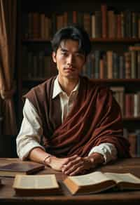 man surrounded by books or sacred texts