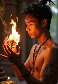 man engaged in a sacred ritual or ceremony, adorned with symbolic attire