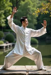 man practicing Tai Chi in a serene garden