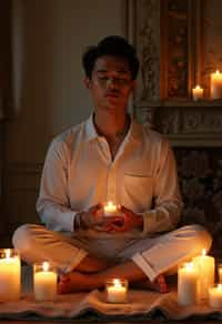 man practicing mindfulness surrounded by candles or incense