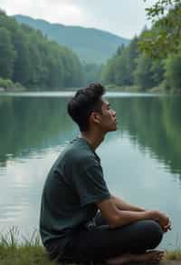 man in deep contemplation, sitting by a tranquil lake