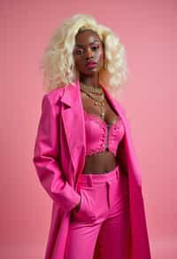 full body shot of sexy woman dressed up in full hot pink with Barbie clothes platinum blonde hair, hot pink style